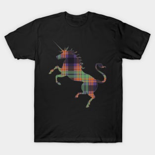 Scottish Purple, Orange and Green Tartan Rearing Unicorn Silhouette T-Shirt